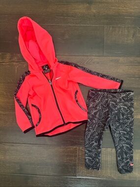 Nike Girls' Neon Pink Hooded Jacket with Printed Black Leggings size 12 months